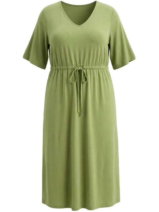 Ulla Popken Dames - Maxi-jurk A-lijn V-hals korte mouw - Grasgroen - Maat 46+