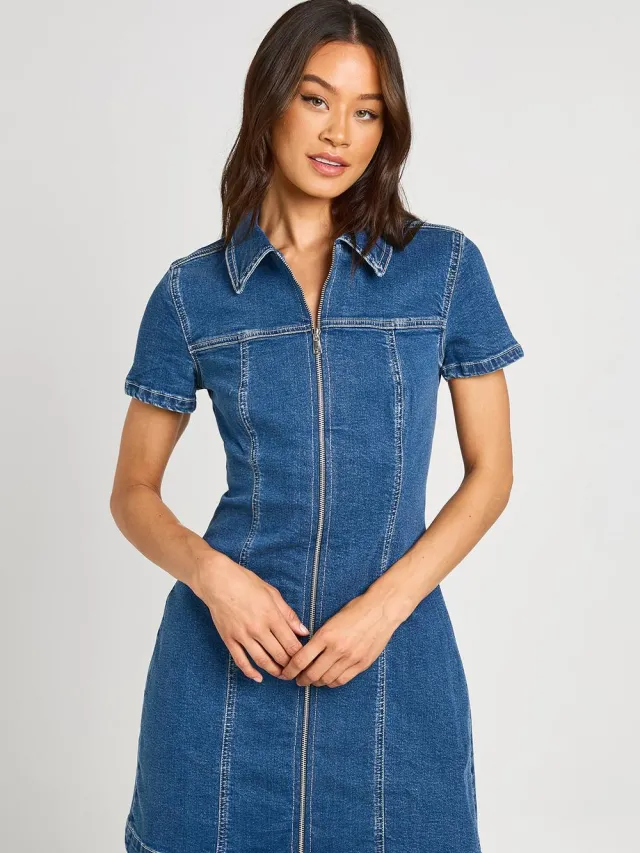 boohoo Dames Lange Denim Jurk Met Korte Mouwen En Rits Aan De Voorkant Gewassen Indigo
