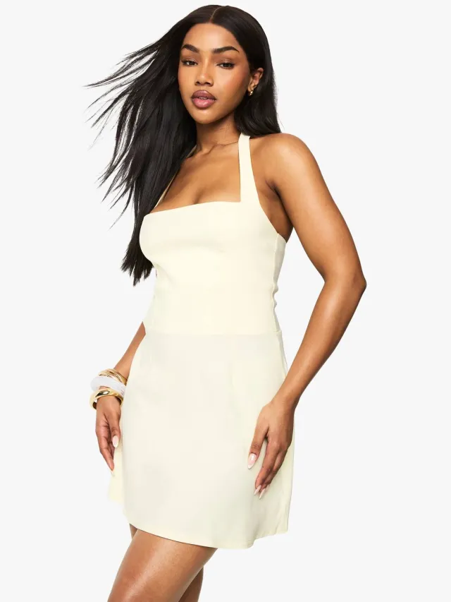 boohoo Dames Bengaline Square Neck Skater Jurk Citroen