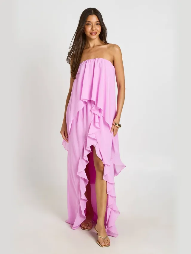 boohoo Dames Chiffon Gelaagde Ruches Bandeau Maxi Jurk Roze