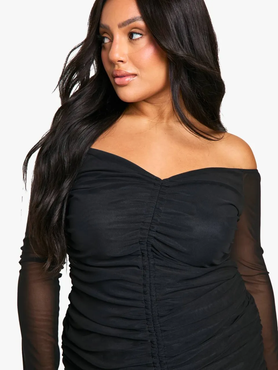 boohoo Dames plus mesh geruched Bardot mini zwart, foto 4