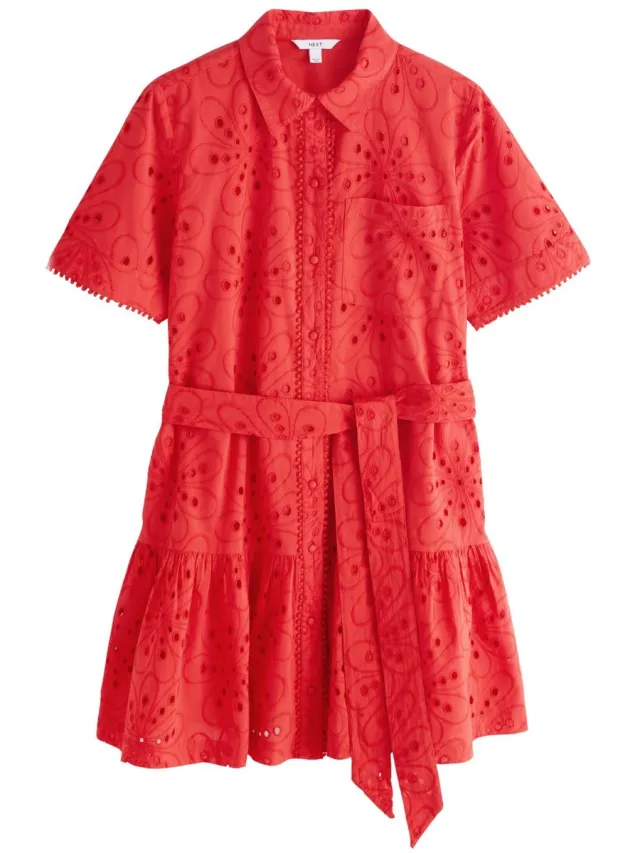 Next Dames - Overhemdjurk met gestrikte taille en broderie - Tall - Rood Red