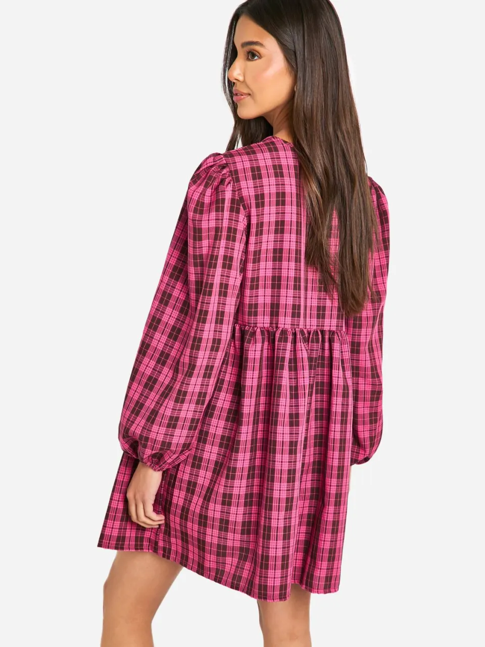 boohoo Dames Check Geruite Smockjurk met Strik aan de Voorzijde roze, foto 3