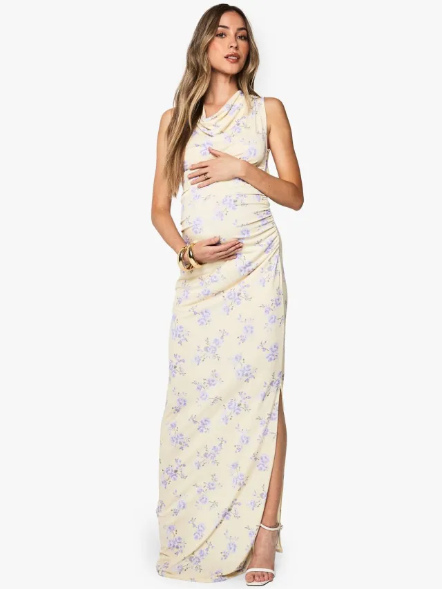 boohoo Dames Zwangerschapsjurk met bloemenprint, geruched cowl-nek maxi-jurk Cream