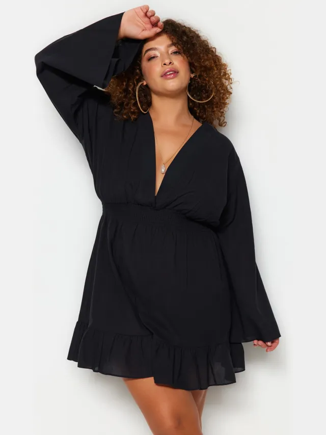 Trendyol Curve Dames Zwart Effen Kort / Mini Lang Strandkleding Skater Grote maten Jurk