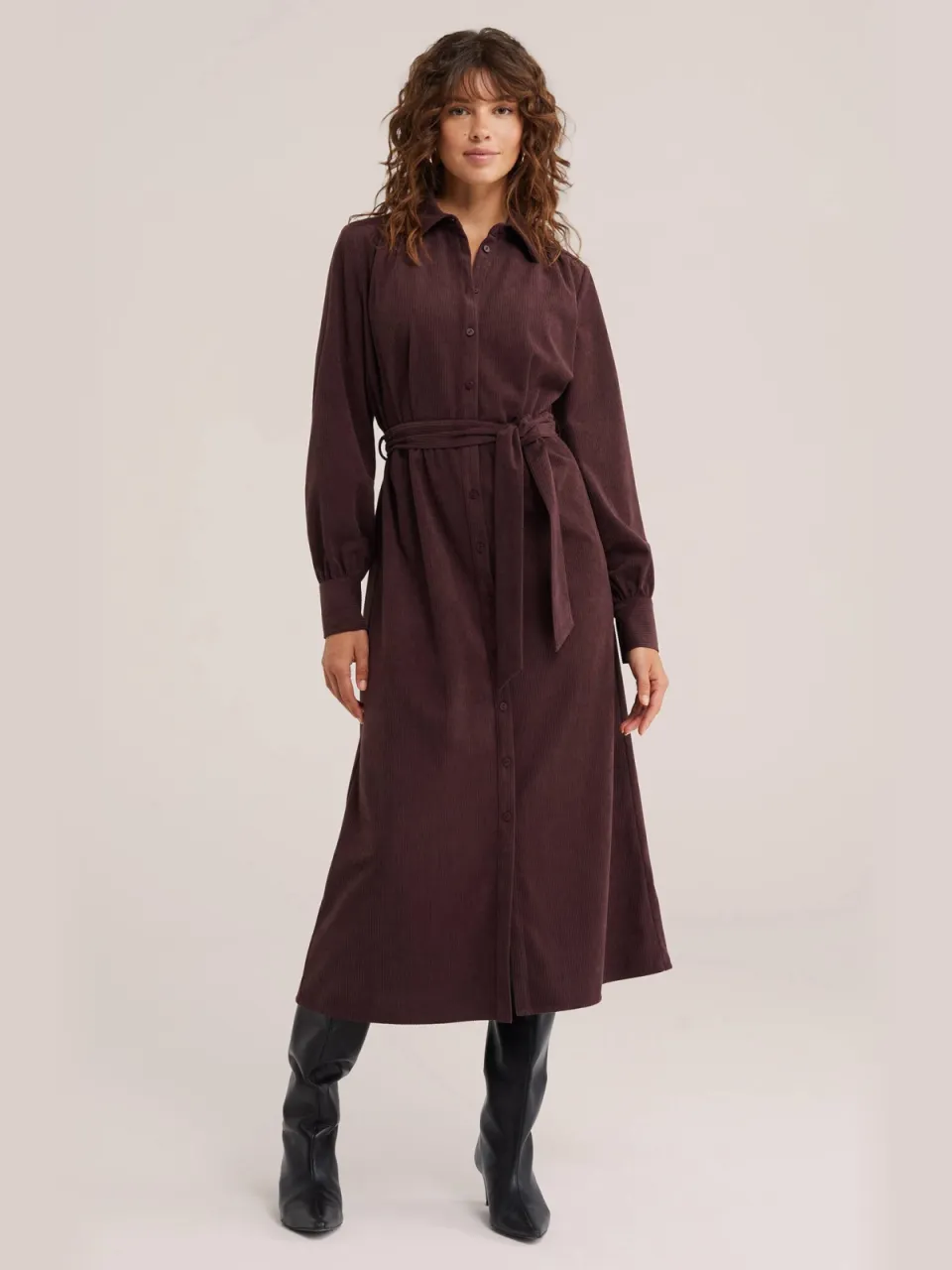 WE Fashion corduroy midi blousejurk met ceintuur - donkerrood, foto 3