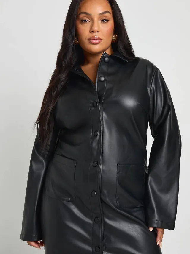 boohoo Dames Plus PU Jurk met kraag en lange mouwen Zwart