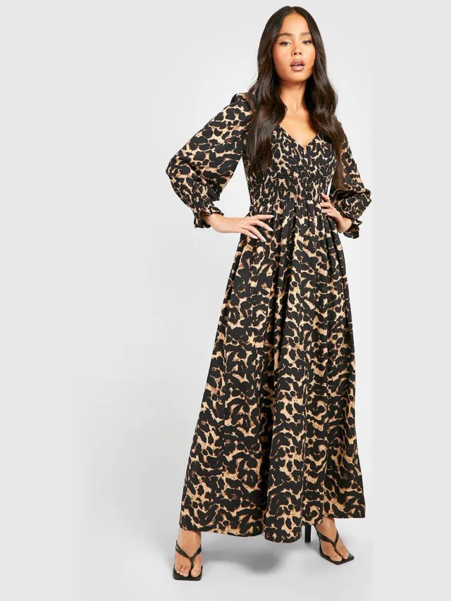 boohoo Dames Petite Leopard Shirred Detail Maxi Jurk Zwart