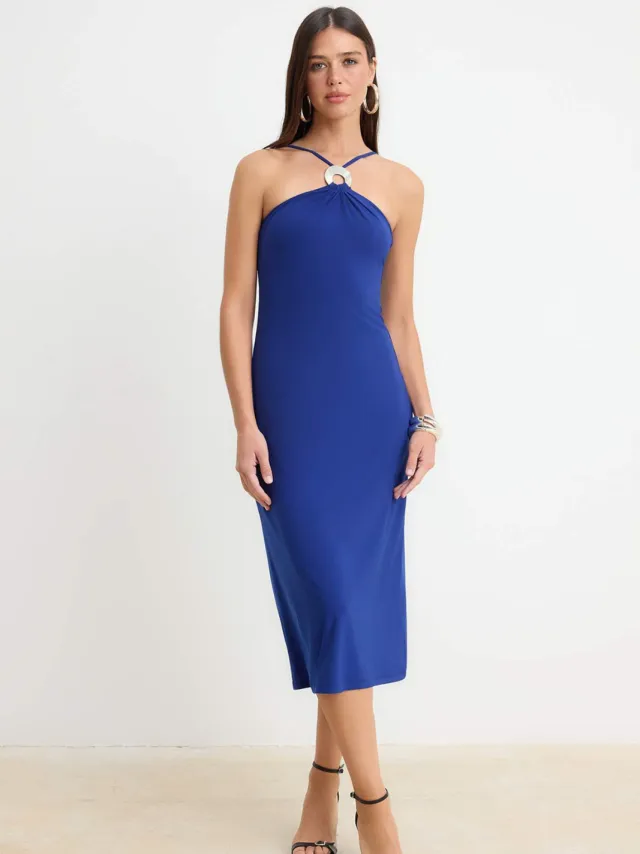 Trendyol TRENDYOLMİLLA Dames Blauw Effen Midi Mouwloos A-lijn Jurken Kobaltblauw