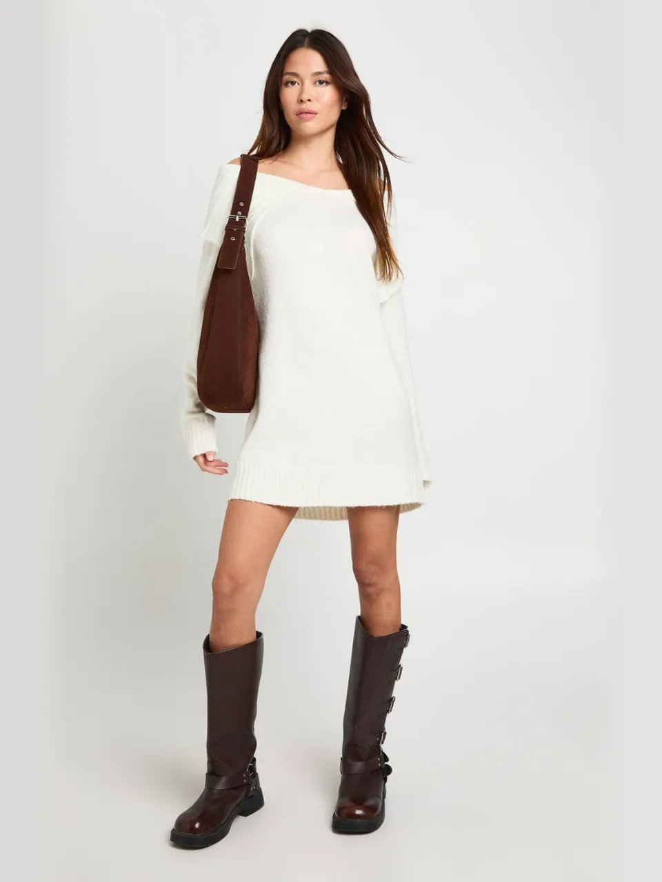 boohoo Dames Zacht gebreide oversized kraag off-shoulder pullover jurk ecru, foto 3