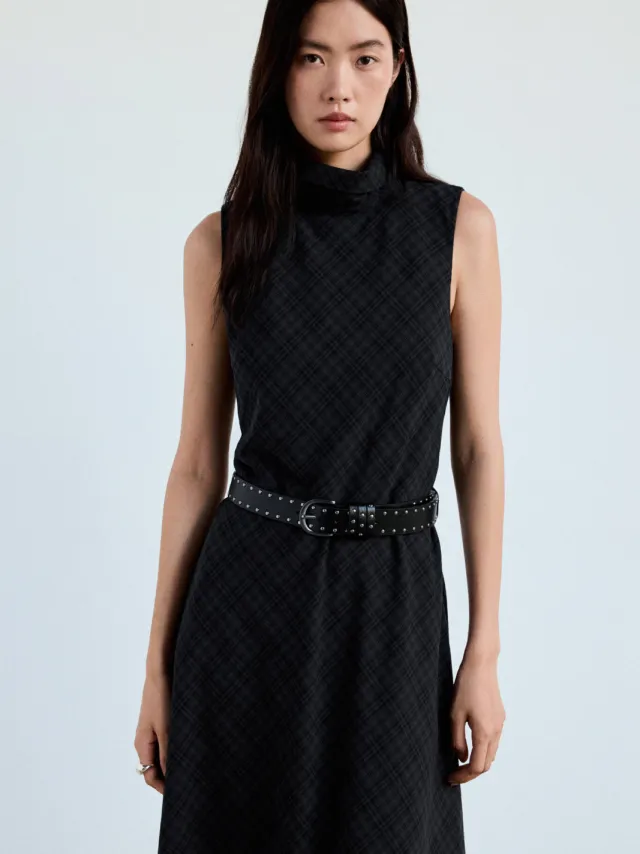 Mango geruite midi jurk met ceintuur - grijs