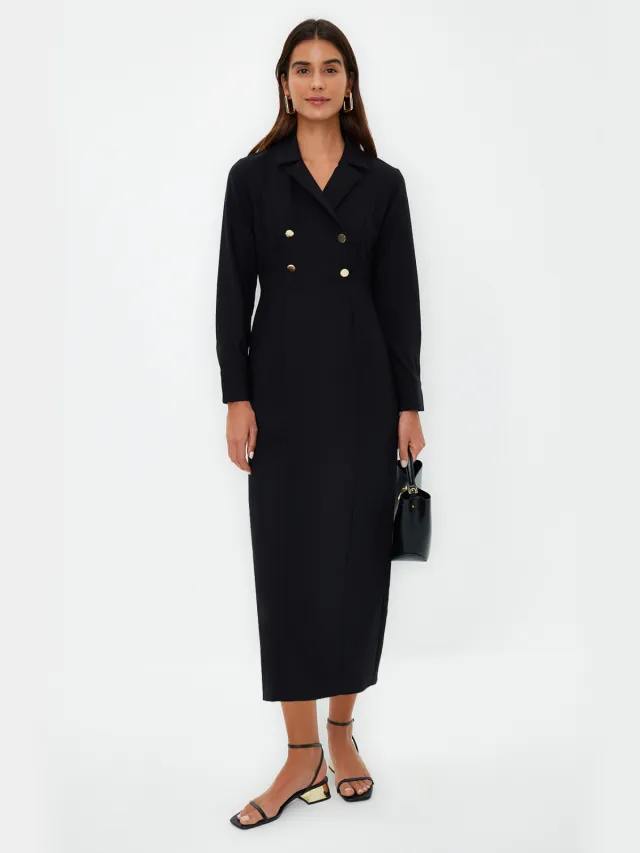 Trendyol Modest Dames Zwart Effen Maxi Driekwart mouw Casual Double-breasted Modest Jurken