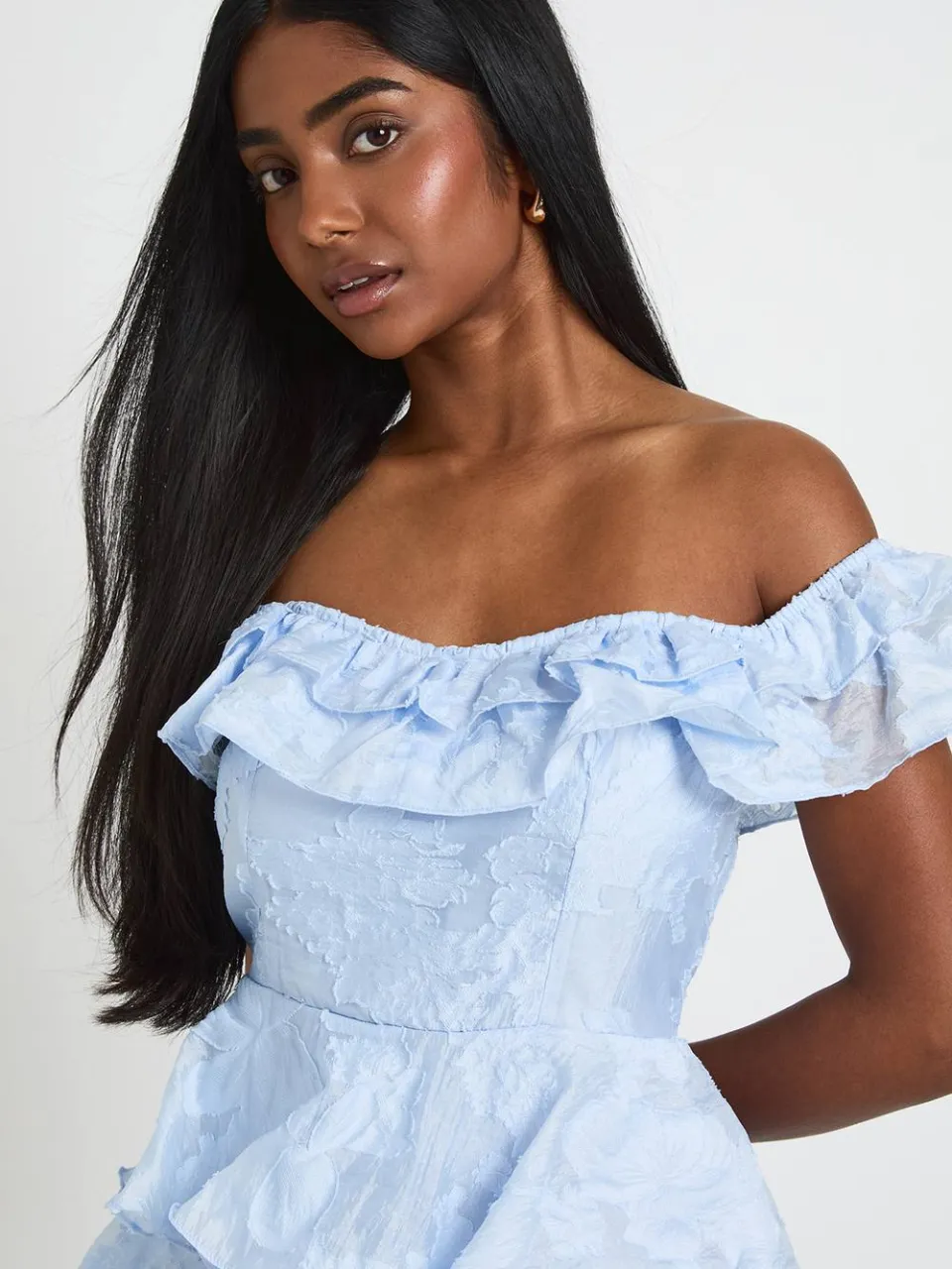boohoo Dames Burnout Bardot Gelaagde Mini Jurk pastelblauw, foto 4