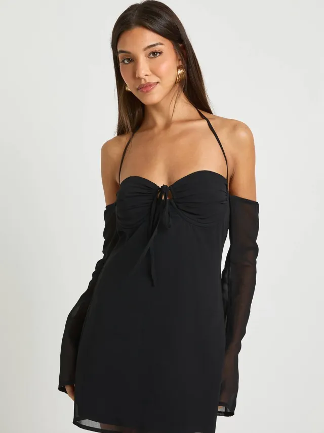boohoo Dames Chiffon minijurk met lange mouwen Zwart