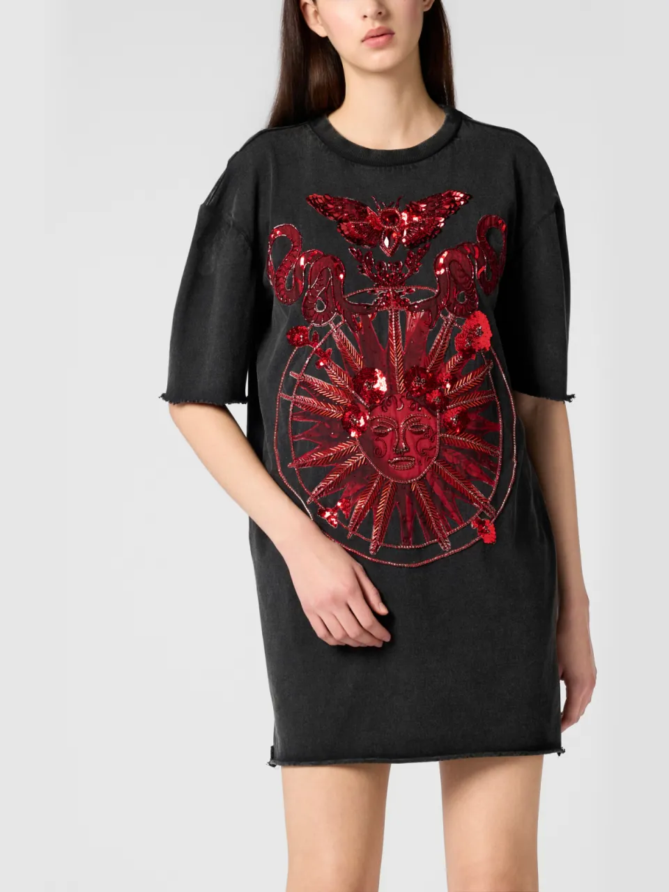 Philipp Plein Open Back T-Shirt Dress Butterfly Tattoo Zwart