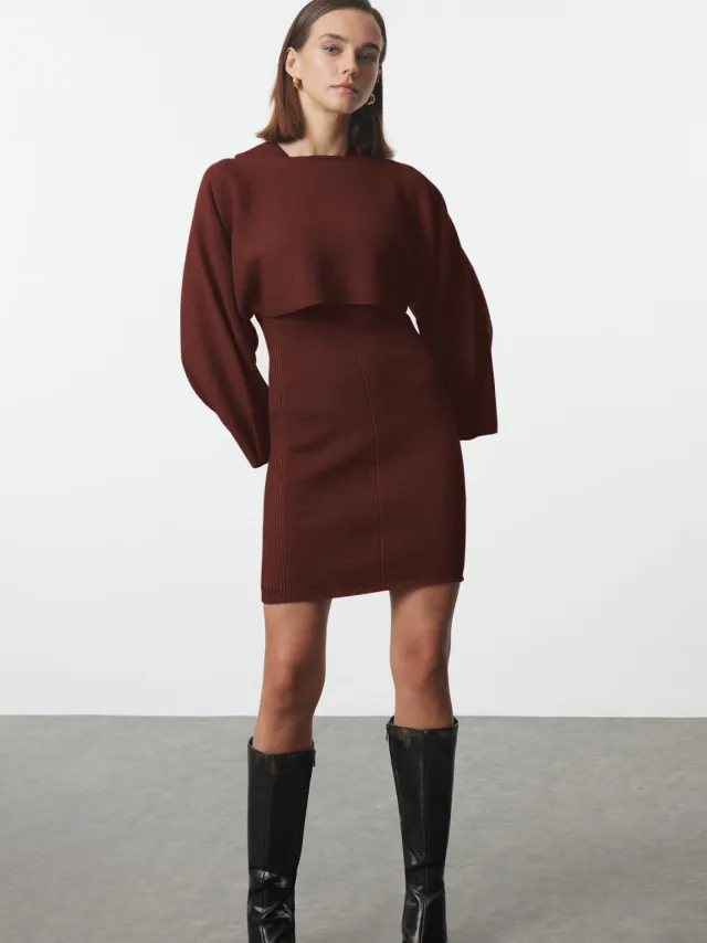 Trendyol TRENDYOLMİLLA Dames Bruin Effen Kort / Mini Lang Casual Bodycon Jurken