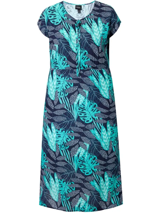 Ulla Popken Dames - Midi-jurk bladeren A-lijn V-hals korte mouwen - Marine - Maat 62+