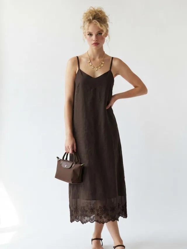 Mixray Geborduurd A-Lijn Midi Slipdress Bruin