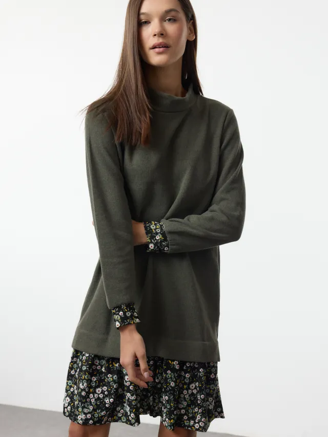 Trendyol TRENDYOLMİLLA Dames Groen Stippen Kort / Mini Lang Casual Recht Jurken