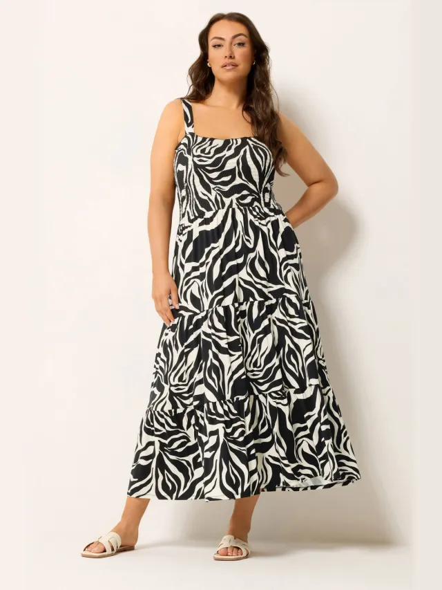 Yours Zwarte Midijurk Met Zebraprint En Smockwerk Black