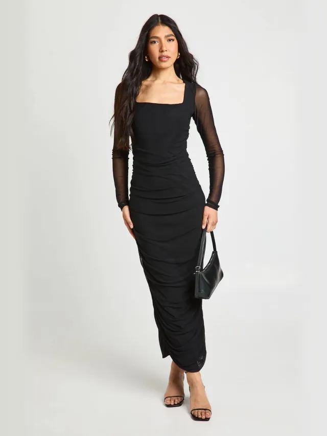 boohoo Dames Tall Mesh Vierkante Hals Gerimpelde Midi Jurk Zwart