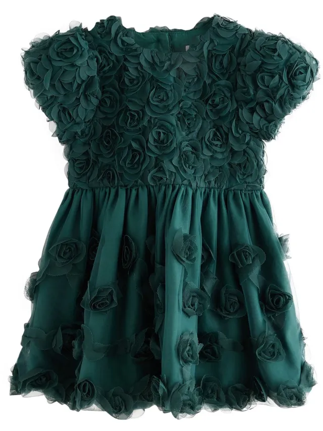 Next Meisjes - Feestjurk met 3D-bloemen - Groen Forest Green