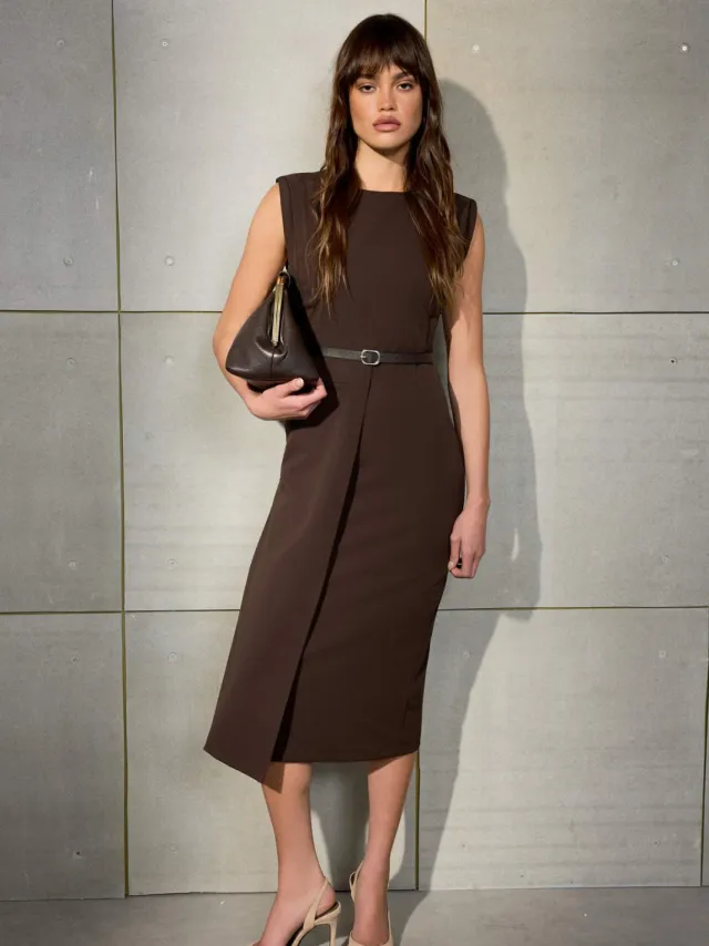 Trendyol TRENDYOLMİLLA Dames Bruin Effen Midi Mouwloos Avond / Dagelijks Bodycon Jurken