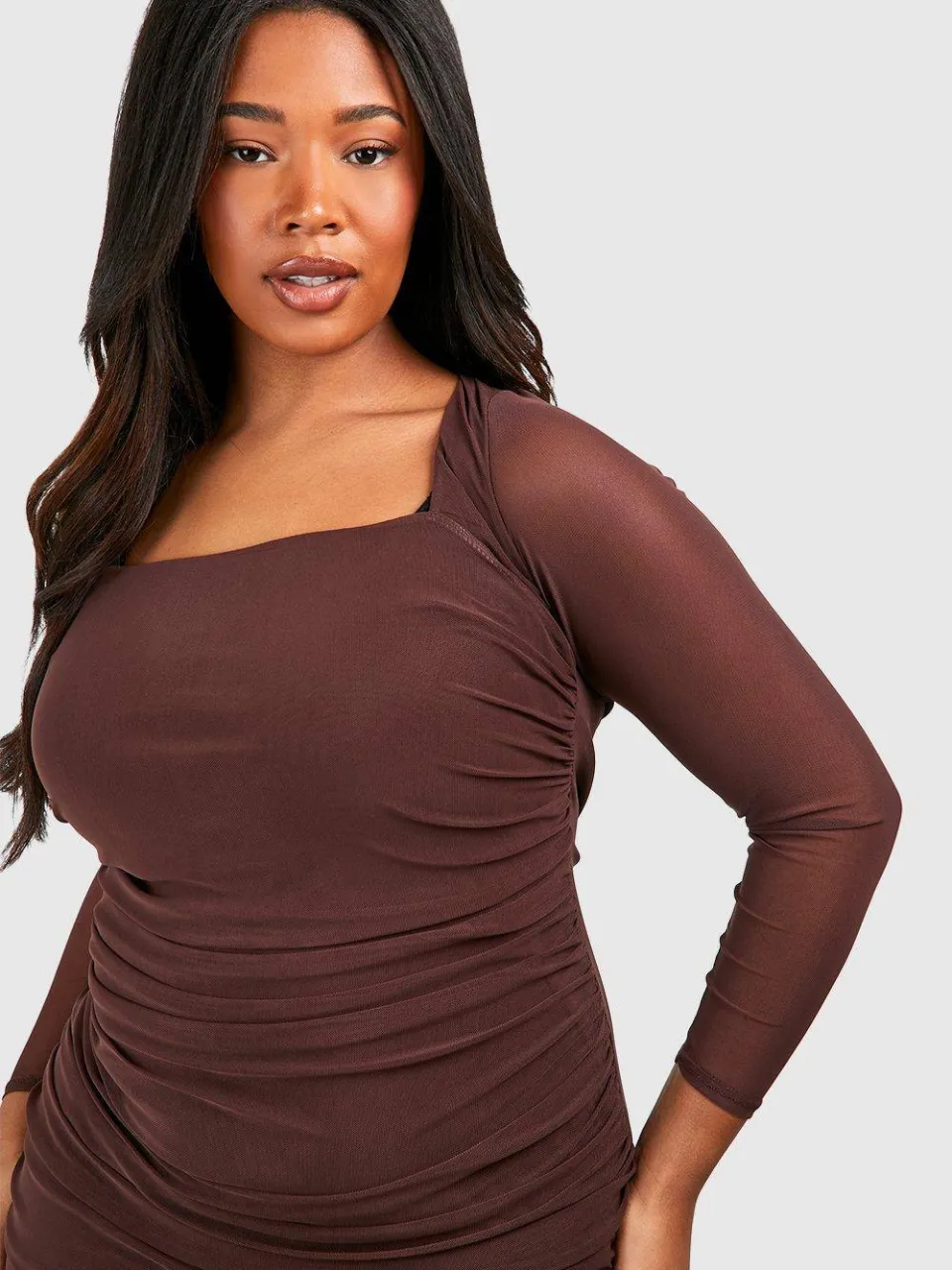 boohoo Dames Plus Mesh Bodycon Jurk chocoladebruin, foto 4