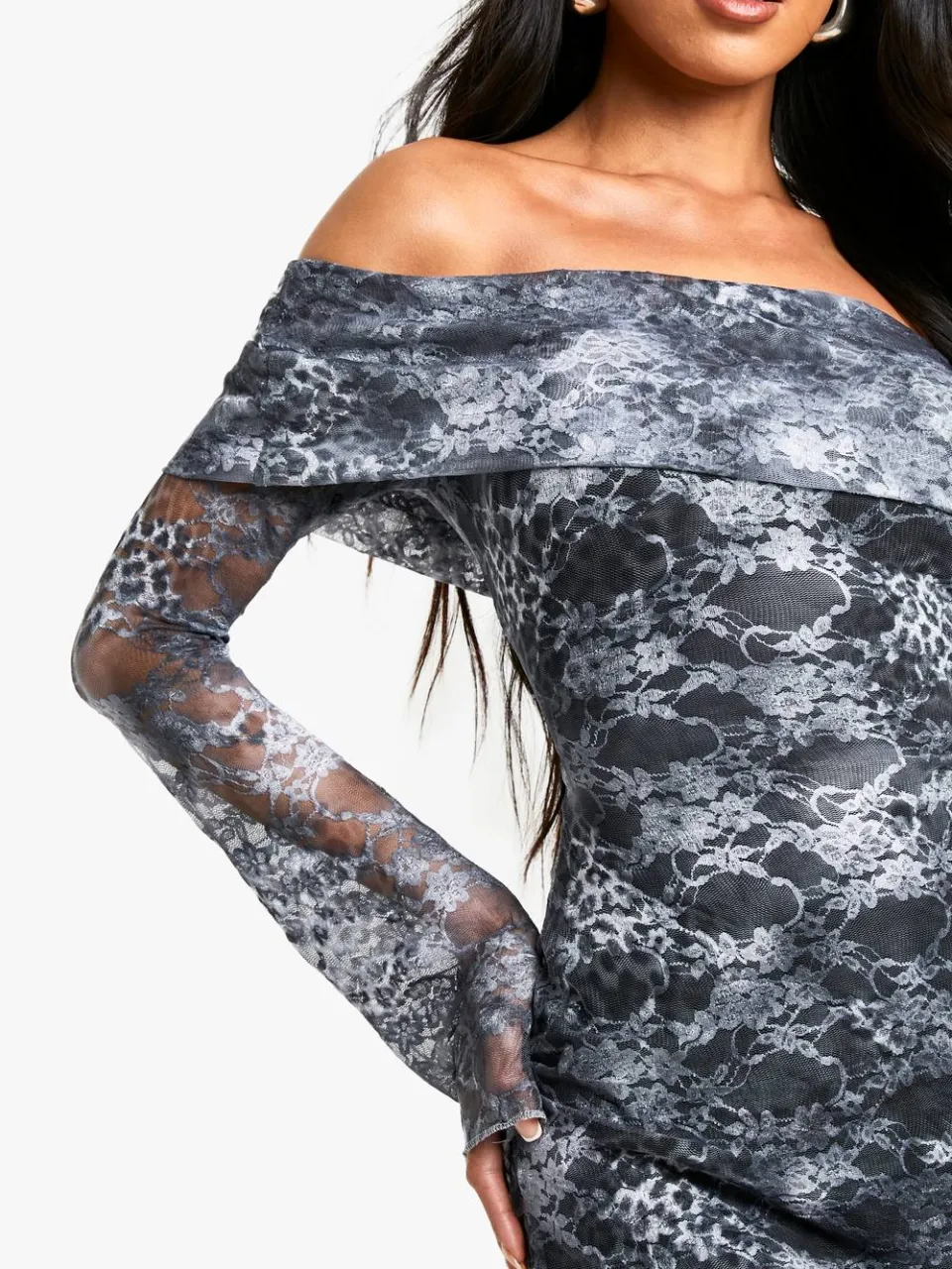 boohoo Dames Mixed Animal Kanten Bardot Mini Jurk ijsgrijs, foto 4