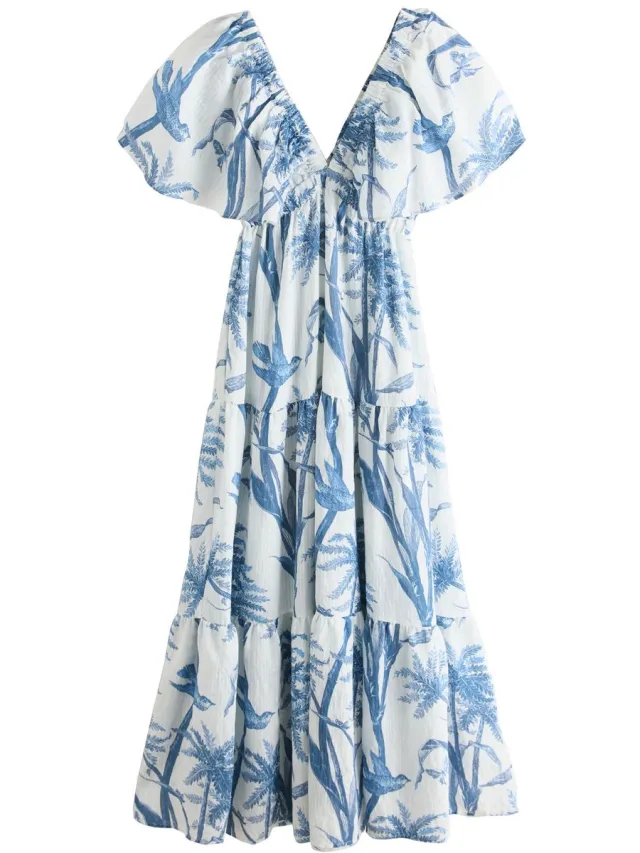 Next Dames - Lange jurk met pofmouwen - Wit Cream/Blue Ditsy Floral