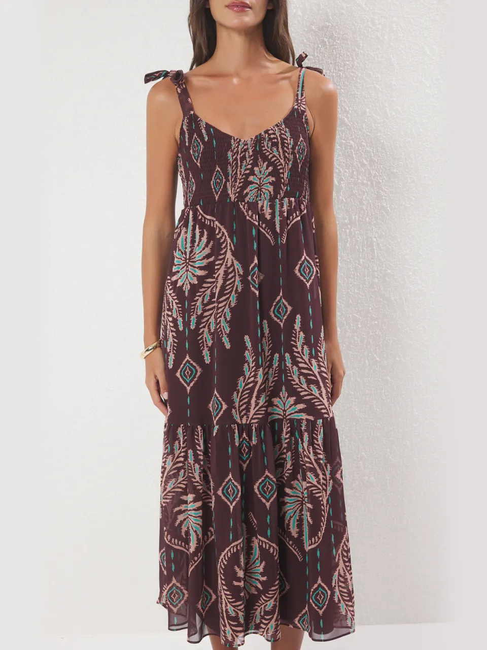 Trendyol TRENDYOLMİLLA Dames Bruin Paisley Maxi Mouwloos Avond / Dagelijks Skater Jurken, foto 2