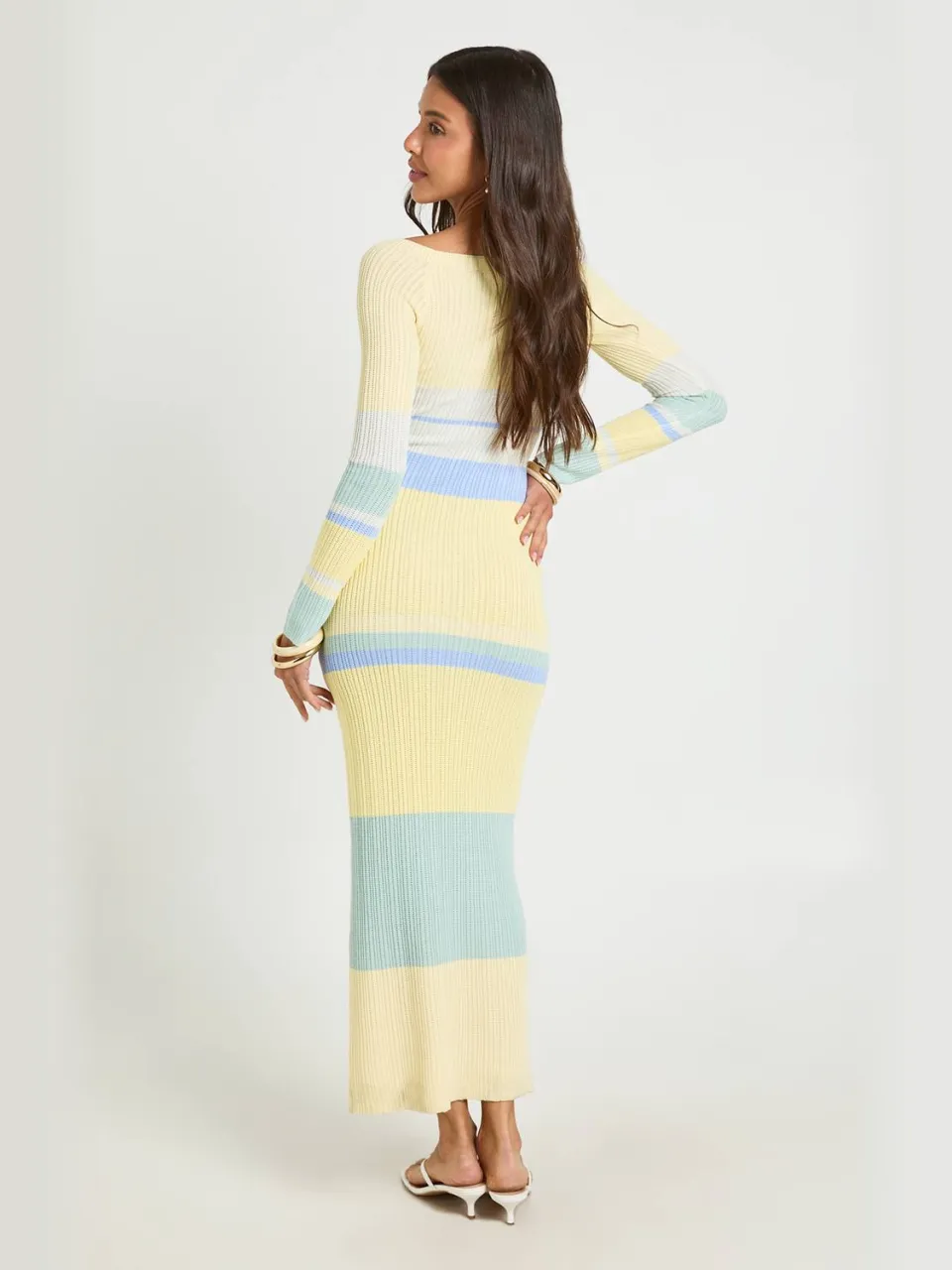 boohoo Dames Premium Gestreepte Gehaakte Maxi Jurk citroen, foto 2