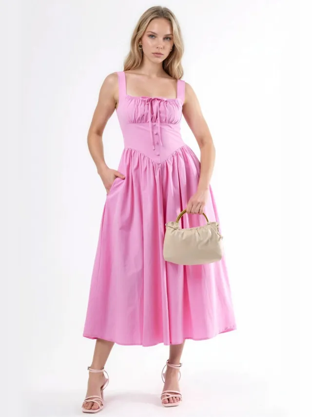 Busem Midi-jurk met vierkante kraag en knoopdetails Blush