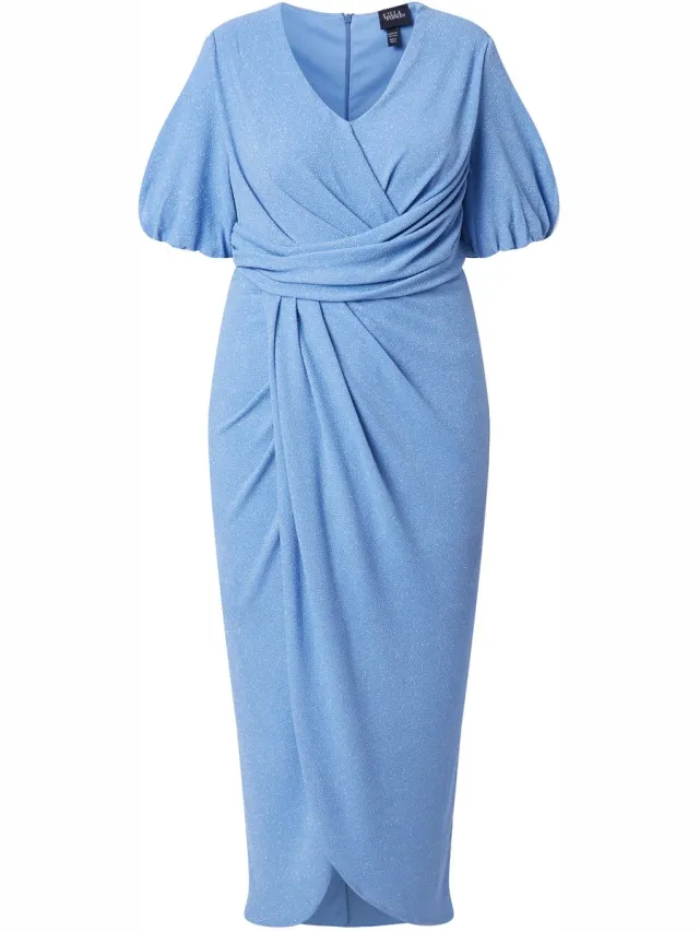 Ulla Popken Dames - Maxi-jurk wikkellook V-hals korte ballonmouwen - Middenblauw