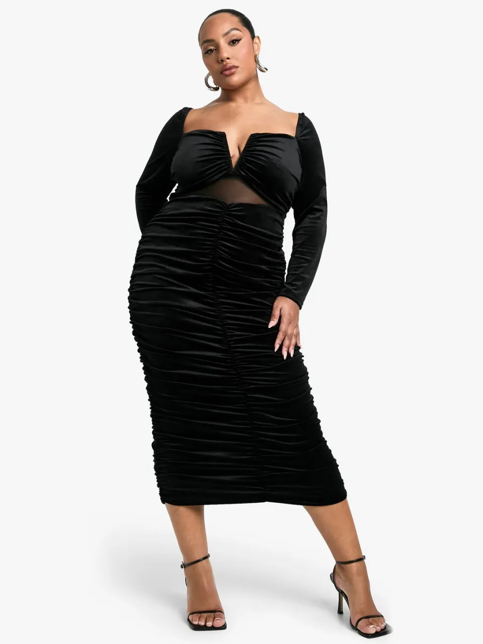 boohoo Dames Plus Fluwelen Doorzichtig Gedetailleerde Lange Mouwen Midi Jurk zwart, foto 2