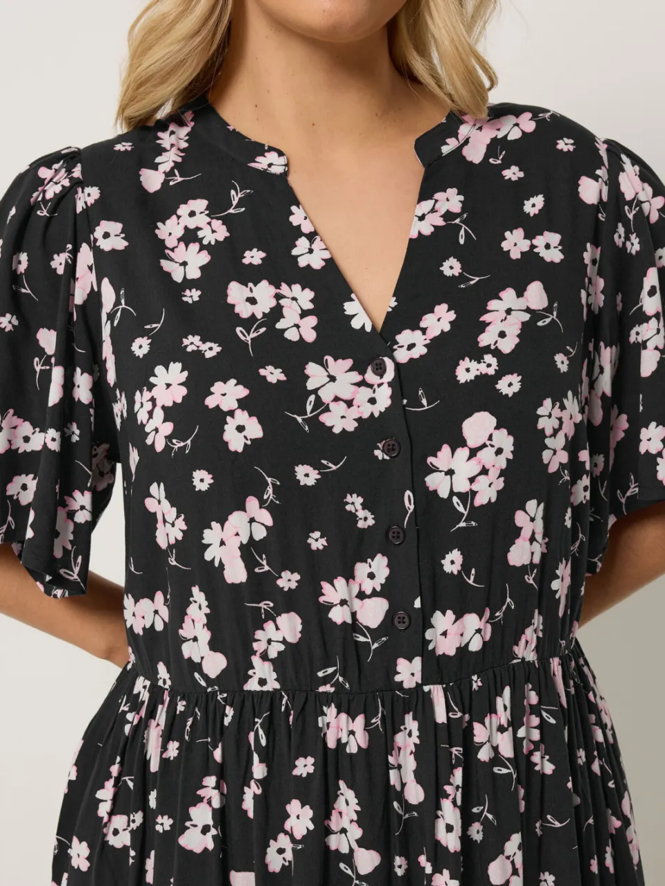 Yours Zwarte Jurk Met Fijne Print En Halve Knoopsluiting Midijurk, foto 4