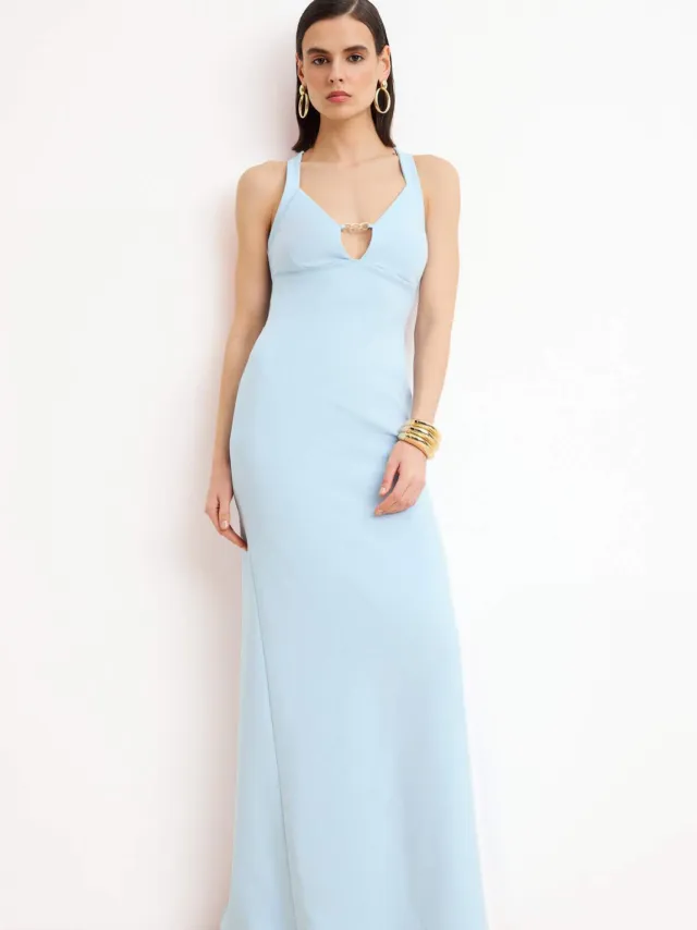 Trendyol TRENDYOLMİLLA Dames Blauw Effen Maxi Mouwloos A-lijn Avond & Gala Jurk