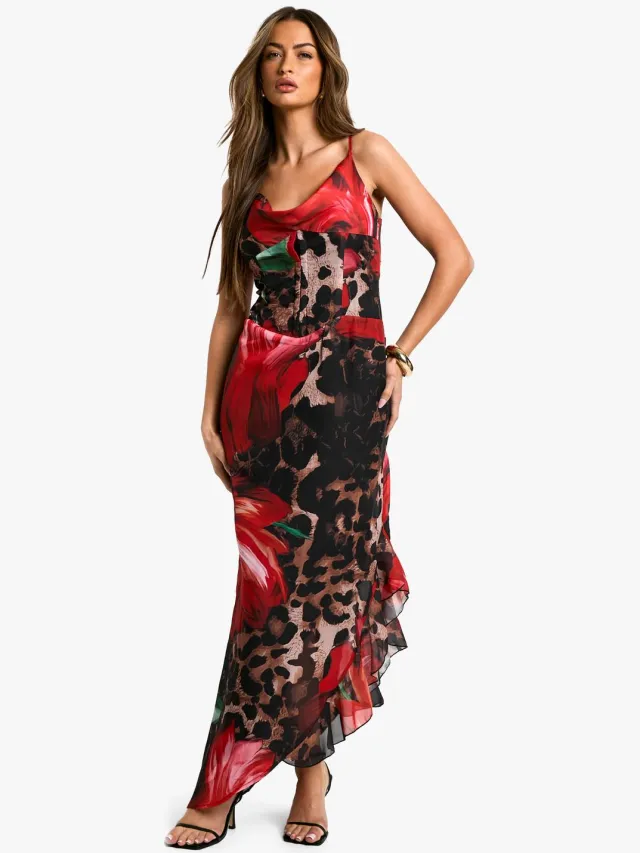 boohoo Dames Leopard Floral Mix Chiffon Corset Maxi Dress Multicolor