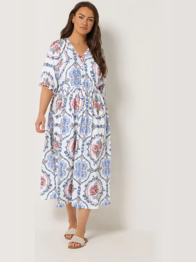 Yours Crèmekleurige Jurk Met Bloemenprint En Raglanmouwen White