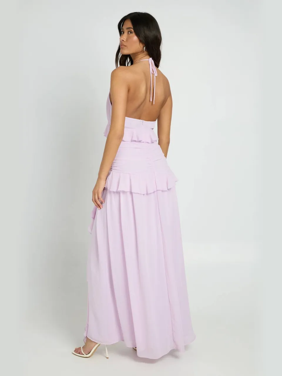 boohoo Dames Halternek Chiffon Maxi Jurk Met Ruche Details lila, foto 2