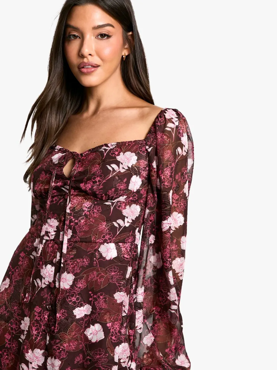 boohoo Dames Floral Blouson Sleeve Skaterjurk merlot, foto 3
