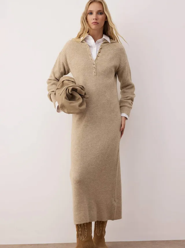 Trendyol Modest Dames Beige Effen Maxi Lang Casual Recht Modest Jurken Taupe