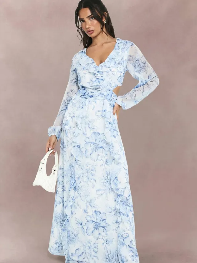 boohoo Dames Petite Floral Chiffon Maxi-jurk met volumineuze mouwen Blauw