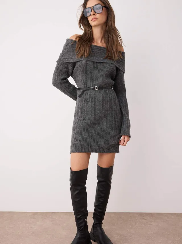 Trendyol TRENDYOLMİLLA Dames Grijs Effen Extra Kort / Super Mini Lang Avond / Dagelijks Recht Jurken