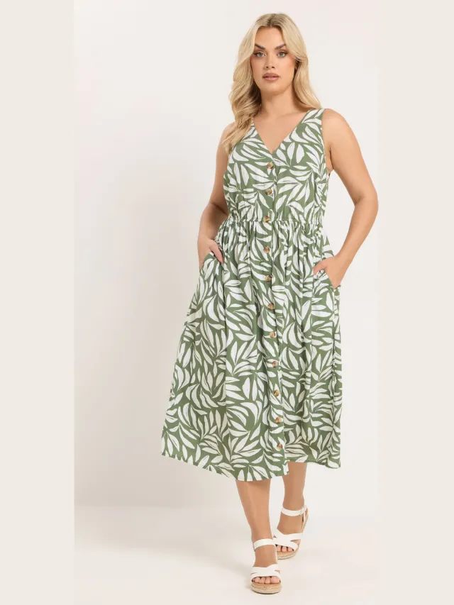Yours Kakigroene Bladprint Sundress-56 Green