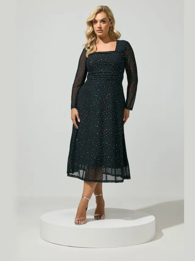 Yours London Zwarte Mesh Maxijurk Met Pailletten Black