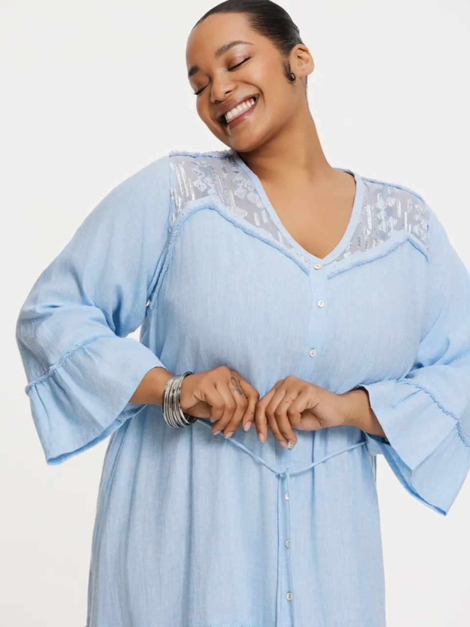 Yoek Jurk met glitter CHAMBRAY | Lichtblauw, foto 3