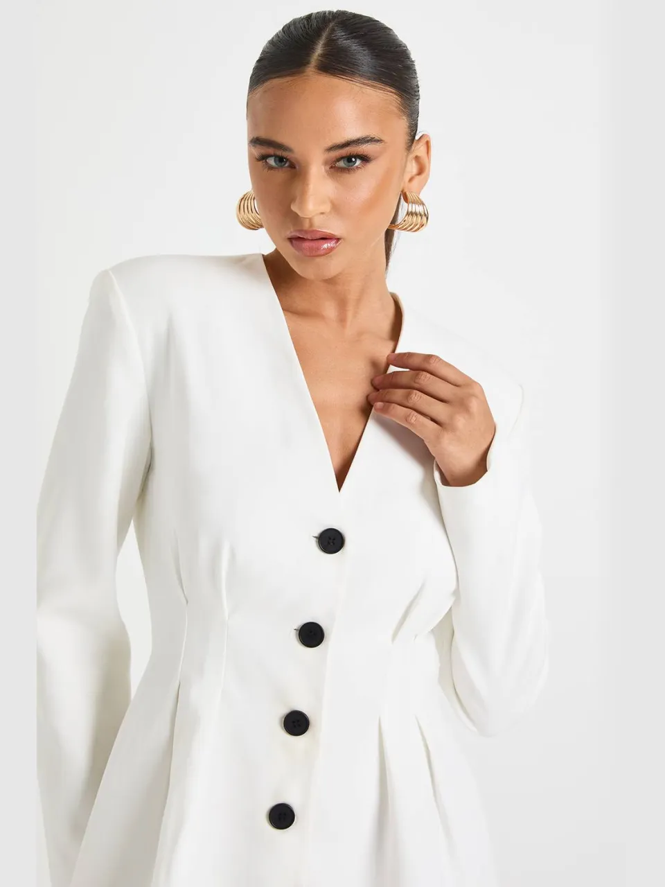 boohoo Dames Lange mouwen kraagloze getailleerde mini-jurk wit, foto 4