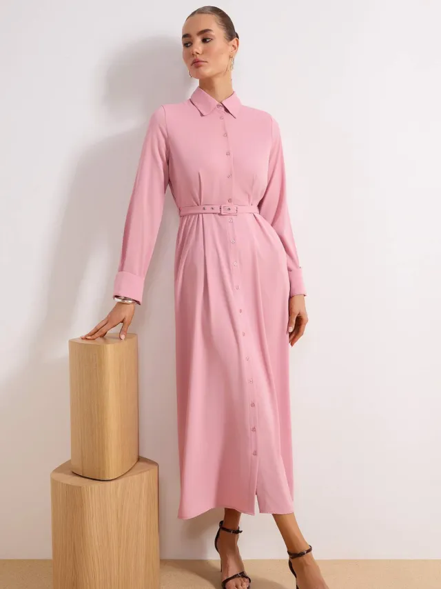 Turkishsouq Roze platte maxi-jurk voor dames, lange casual/dagelijkse A-lijn jurk met hijab