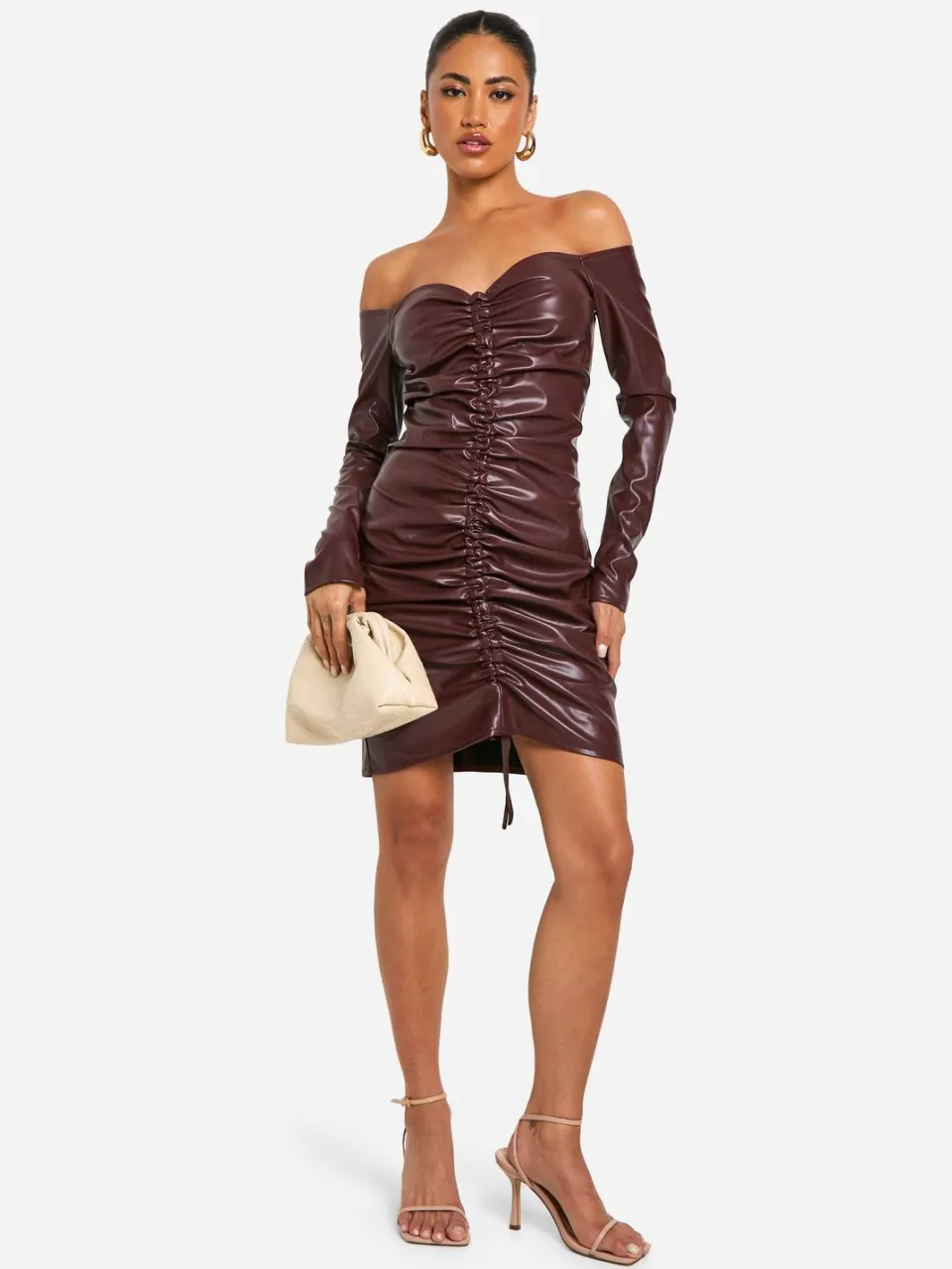 boohoo Dames Nep Leren Gerimpelde Mini Jurk Chocoladebruin